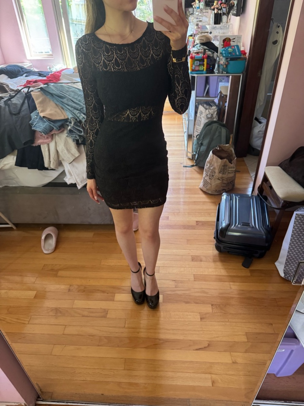Bebe Women's Black Lace Long-Sleeve Bodycon Dress